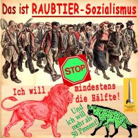 SilberRakete_Raubtier-Sozialismus-Arbeiter-kommen-STOP-Roter-Loewe-Haelfte-Gruene-Hyaene-50Prozent