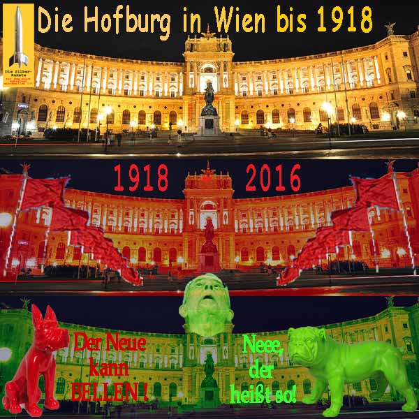 SilberRakete Hofburg in Wien bis1918 Kaiser 2016 rote Fahnen Bundespraesident vdBellen gruen Hunde