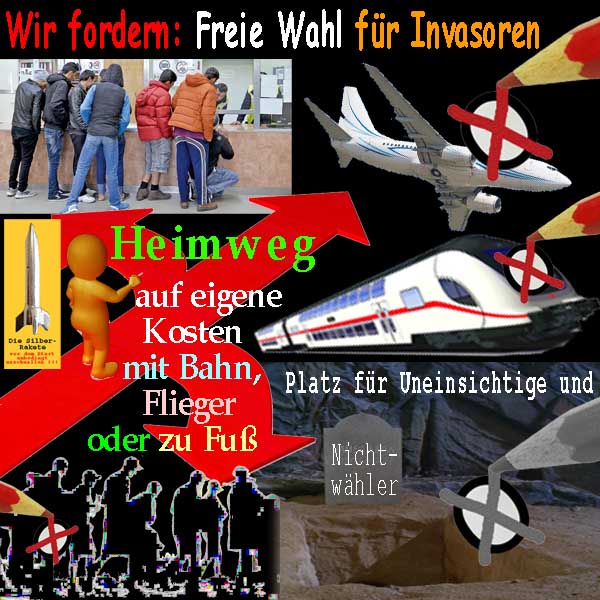 SilberRakete Freie Wahl fuer Invasoren Flugzeug Bahn zuFuss auf eigene Kosten Nichtwaehler Grab Kreuze