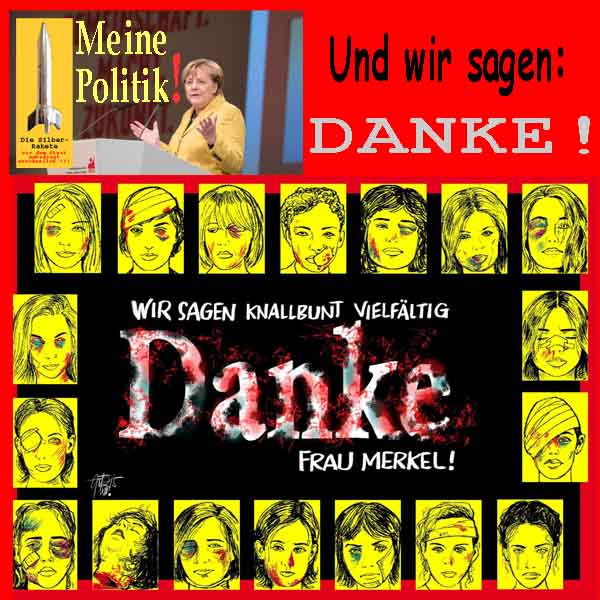 SilberRakete Merkel Meine Politik Wir sagen DANKE 18Bilder Gewalt gegen Frauen Knallbunt vielfaeltig