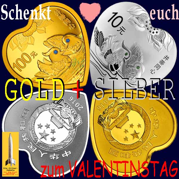 SilberRakete Valentinstag2017 Schenkt GOLD SILBER China Muenzen Herz Enten Lotusbluete Treue