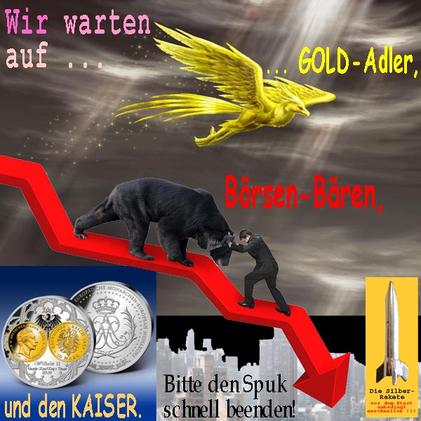 SilberRakete Wir warten auf GOLD Adler Boersen Baeren Pfeil und Kaiser Muenze Bitte Spuk schnell beenden