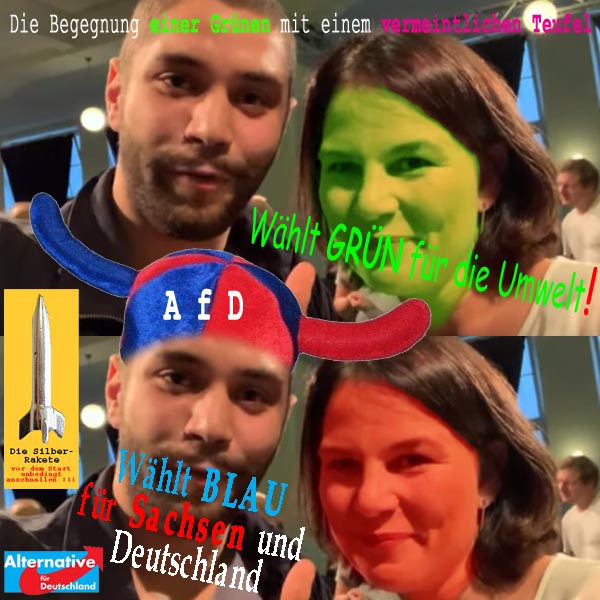 SilberRakete Begegnung Gruener ABaerbock mit vermeintlichem Teufel KlemensKilic AfD Wahlvorschlag2