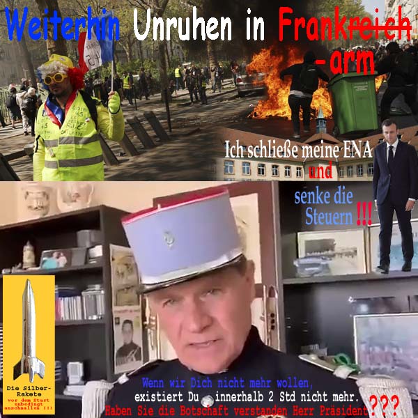 SilberRakete Unruhen Frankreich Frankarm Macron Schliesse ENA senke Steuern Offizier 2Stunden